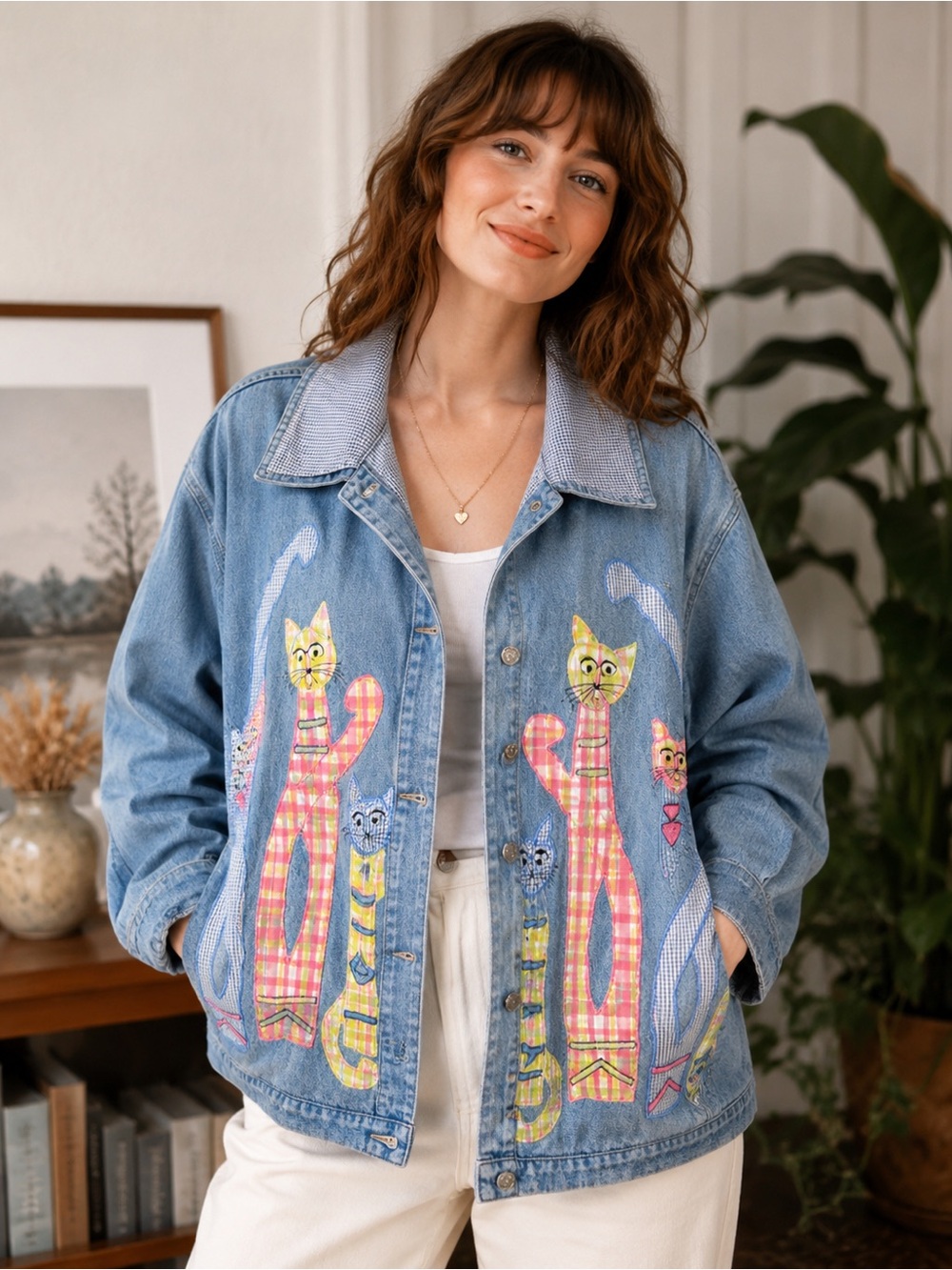 Vintage Tantrums Cat Appliqué Denim Jacket Large Artsy Quilted Patchwork